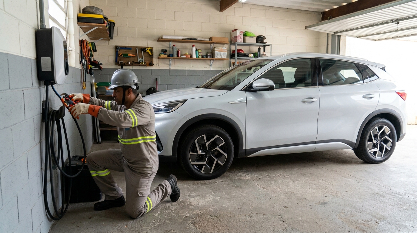Eletricista instalando carregador de carro eletrico em Montes Claros‑MG